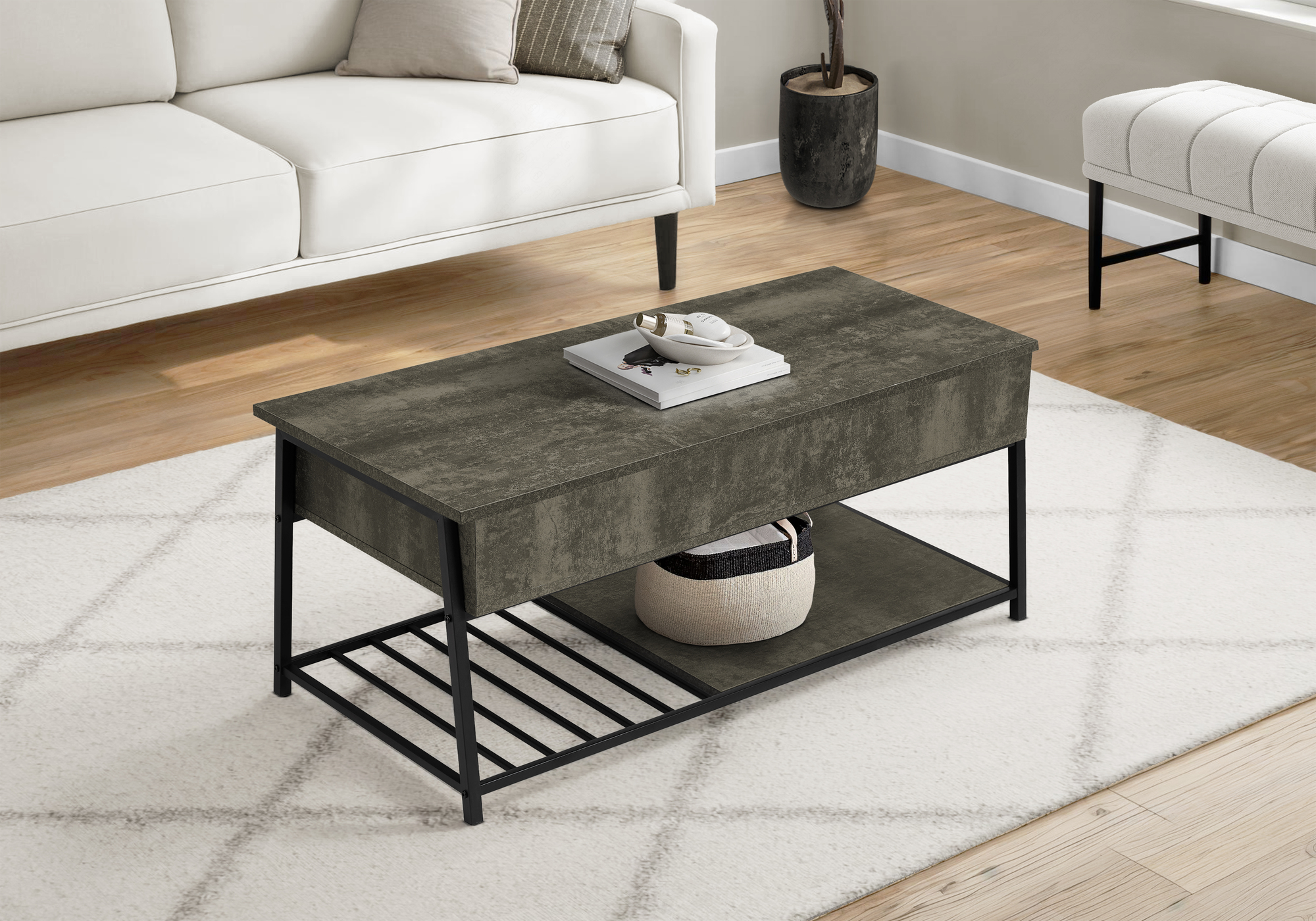 Coffee Table, 42″ L, Cocktail, Lift-top, Rectangular, Storage, Living Room, Dark Bronze Laminate, Black Metal, Contemporary, Modern
