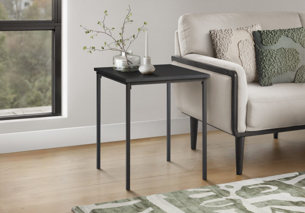 Accent Table, 22″ H, Side Table, End, Small, Nightstand, Square, Bedroom, Living Room, Black Laminate, Black Metal, Contemporary, Modern
