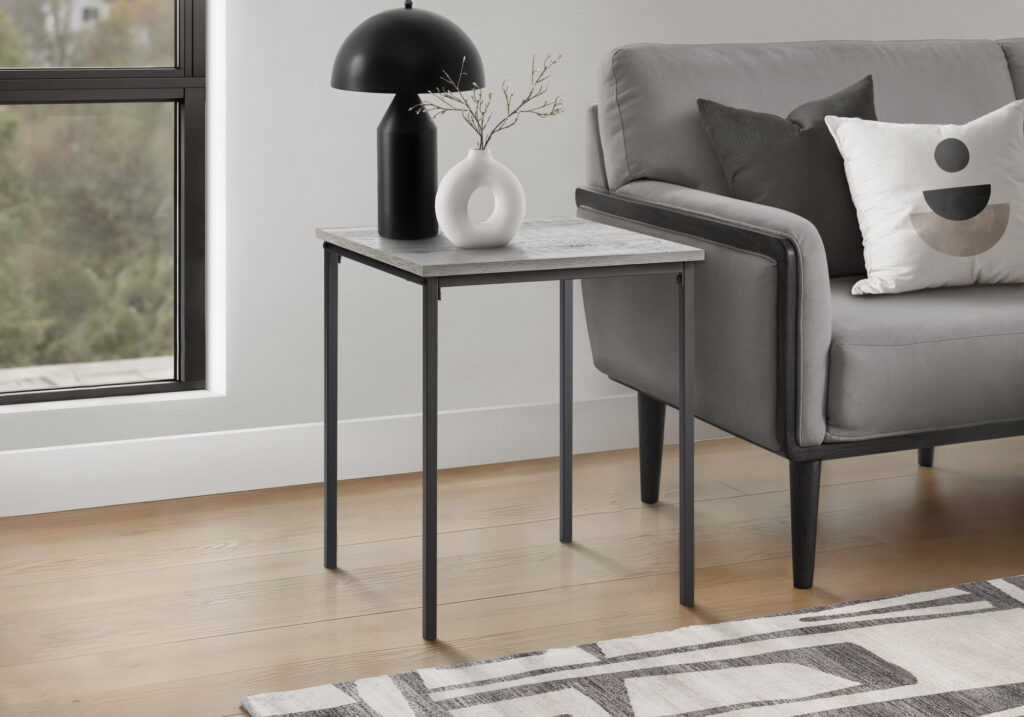 Accent Table, 22″ H, Side Table, End, Small, Nightstand, Square, Bedroom, Living Room, Grey Laminate, Black Metal, Contemporary, Modern