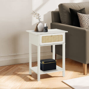 Accent Table, 2 Tier, End, Nightstand, Side Table, Storage Drawer, Bedroom, Living Room, White Laminate, Transitional