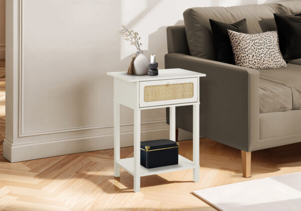 Accent Table, 2 Tier, End, Nightstand, Side Table, Storage Drawer, Bedroom, Living Room, White Laminate, Transitional