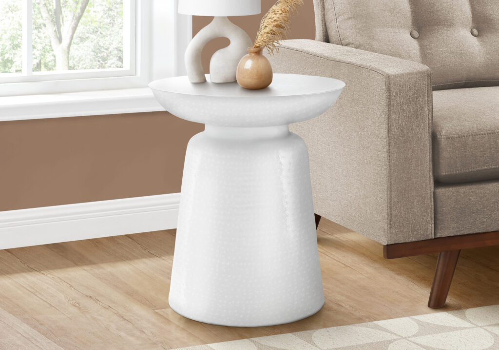 Accent Table, Drum, Side, End, Nightstand, Lamp, Living Room, Bedroom, White Metal, Contemporary, Modern