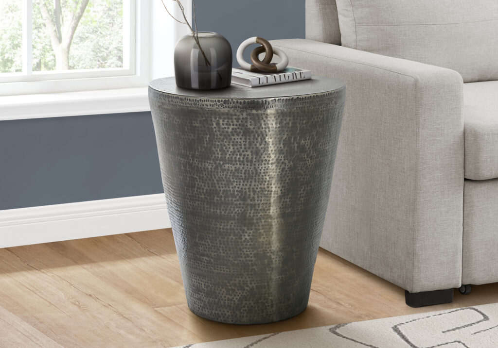 Accent Table, Drum, Side, End, Nightstand, Lamp, Living Room, Bedroom, Grey Metal, Contemporary, Modern
