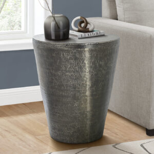 Accent Table, Drum, Side, End, Nightstand, Lamp, Living Room, Bedroom, Grey Metal, Contemporary, Modern