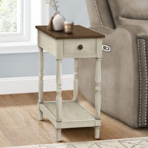 Accent Table, 2 Tier, End, Side Table, Nightstand, Bedroom, Narrow, Lamp, Storage Drawer, Brown Veneer, Antique White Veneer, Traditional