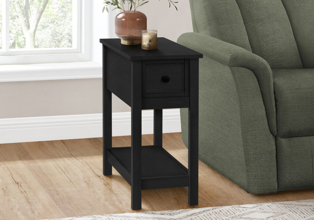Accent Table, 2 Tier, End, Lamp, Nightstand, Side Table, Narrow, Small, Storage Drawer, Bedroom, Black Veneer, Transitional