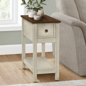 Accent Table, End, Side Table, 2 Tier, Narrow, Bedroom, Lamp, Storage Drawer, Antique White Veneer, Brown Veneer, Transitional