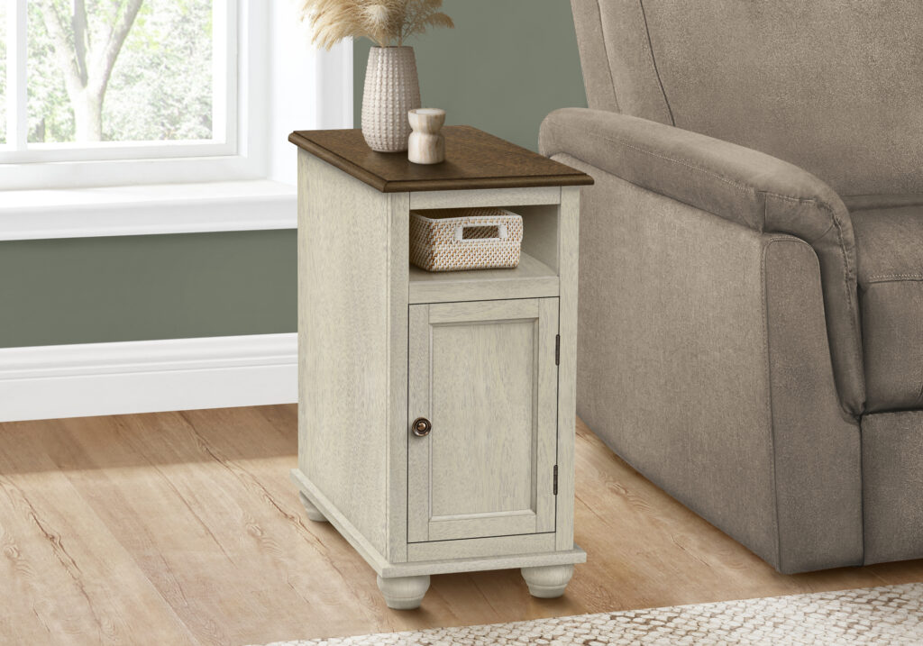 Accent Table, End, Side Table, Bedroom, Nightstand, Narrow, Lamp, Storage, Antique White Veneer, Brown Veneer, Traditional