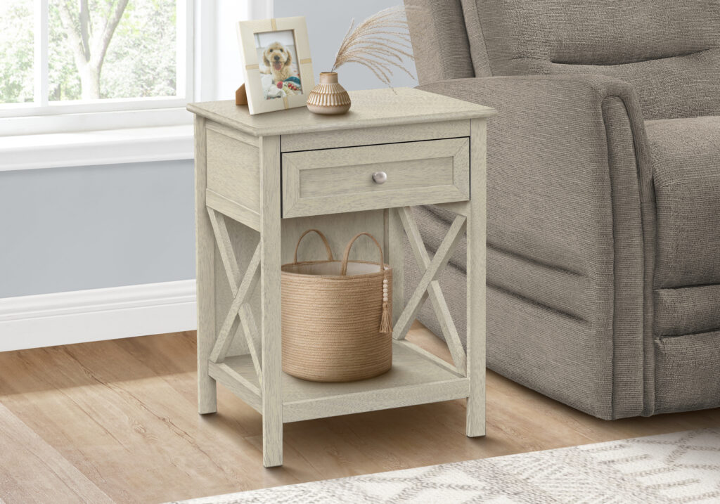 Accent Table, End, Side Table, 2 Tier, Bedroom, Nightstand, Lamp, Storage Drawer, Antique White Veneer, Transitional