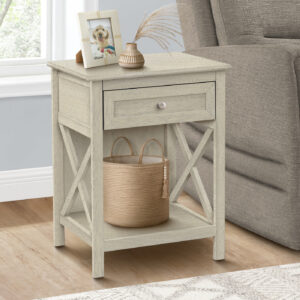 Accent Table, End, Side Table, 2 Tier, Bedroom, Nightstand, Lamp, Storage Drawer, Antique White Veneer, Transitional