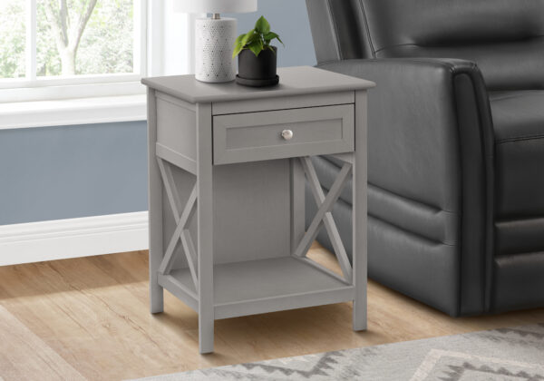 Accent Table, End, Side Table, 2 Tier, Bedroom, Nightstand, Lamp, Storage Drawer, Antique Grey Veneer, Transitional