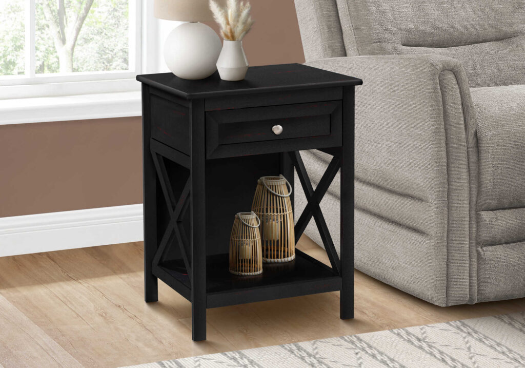 Accent Table, End, Side Table, 2 Tier, Bedroom, Nightstand, Lamp, Storage Drawer, Black Veneer, Transitional