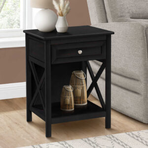 Accent Table, End, Side Table, 2 Tier, Bedroom, Nightstand, Lamp, Storage Drawer, Black Veneer, Transitional