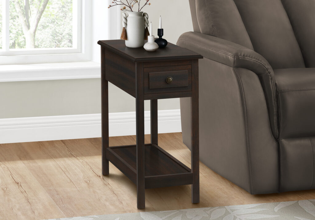 Accent Table, 2 Tier, End, Side Table, Narrow, Nightstand, Bedroom, Storage Drawer, Lamp, Brown Veneer, Transitional