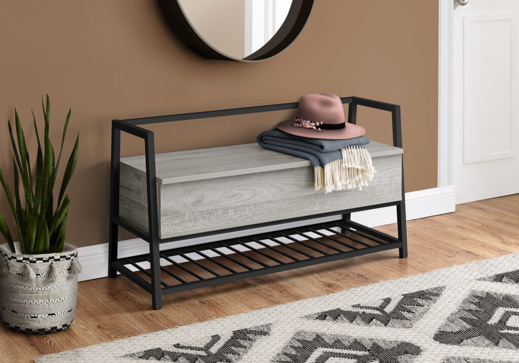 Bench, Entryway, Hallway, Storage, 42″ Rectangular, Grey Laminate, Black Metal, Contemporary, Modern