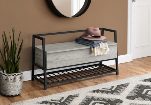 Bench, Entryway, Hallway, Storage, 42″ Rectangular, Grey Laminate, Black Metal, Contemporary, Modern