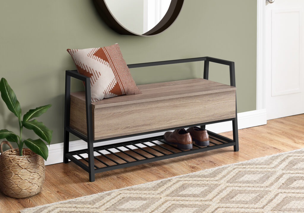Bench, Entryway, Hallway, Storage, 42″ Rectangular, Brown Laminate, Black Metal, Contemporary, Modern