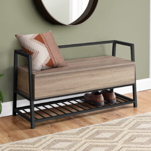 Bench, Entryway, Hallway, Storage, 42" Rectangular, Brown Laminate, Black Metal, Contemporary, Modern