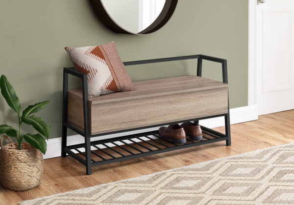 Bench, Entryway, Hallway, Storage, 42″ Rectangular, Brown Laminate, Black Metal, Contemporary, Modern