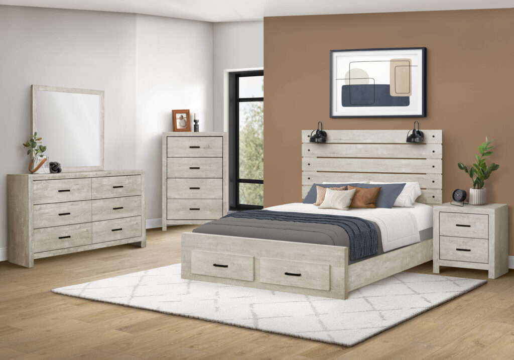 Bleached oak queen bed 2 lights bedroom set