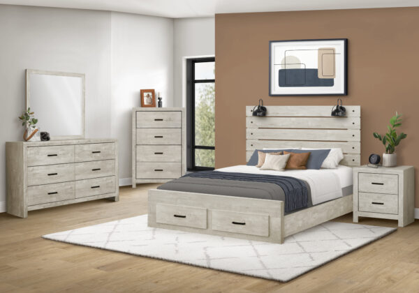 Bleached oak queen bed 2 lights bedroom set