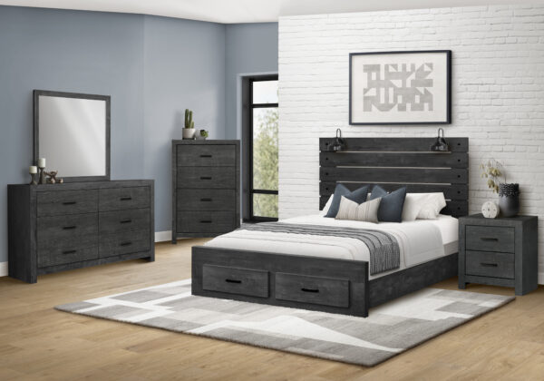 Grey wood queen bed graphite 2 lights bedroom set
