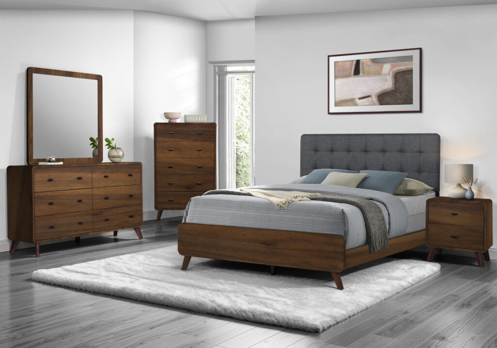 Grey walnut fabric queen bed finish bedroom set
