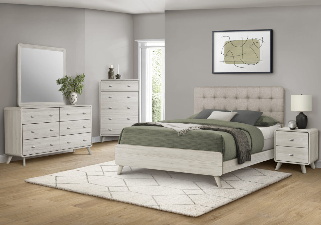 Beige grey oak fabric queen bed finish bedroom set