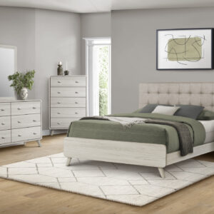Beige grey oak fabric queen bed finish bedroom set