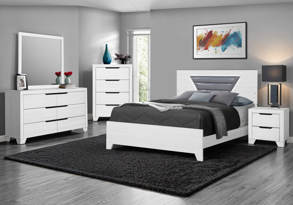 Light grey white PU queen bed led bedroom set