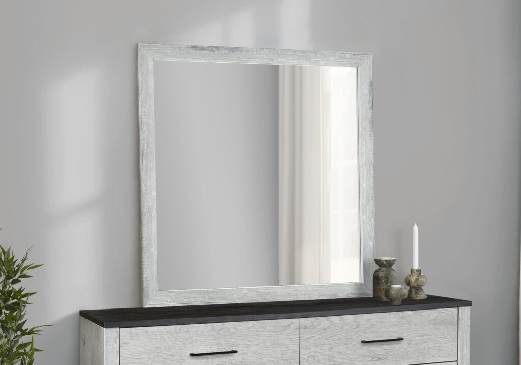 Grey wall mirror reclaimed bedroom set
