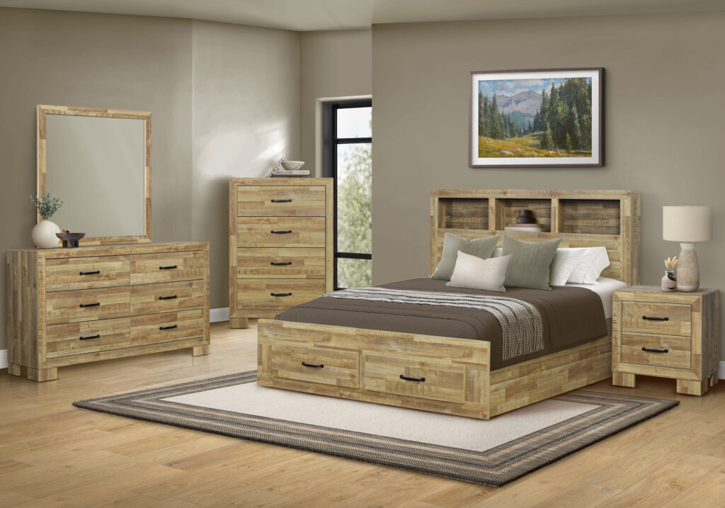 Medium oak wood queen bed 2 drawers bedroom set