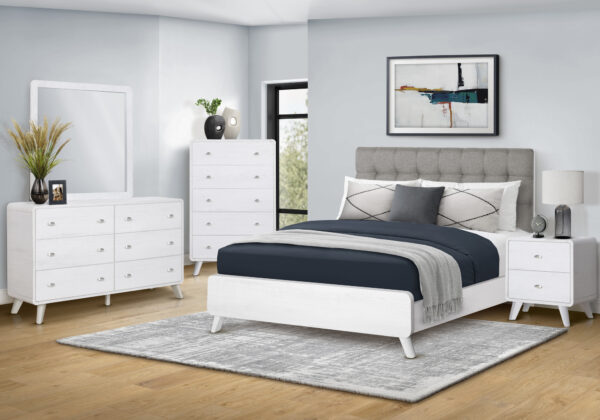 Grey white oak fabric queen bed finish bedroom set