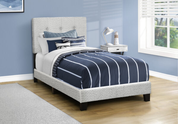 Bed, Twin Size, Upholstered, Frame Only, Bedroom, Juvenile, Youth, Light Grey Boucle, Transitional
