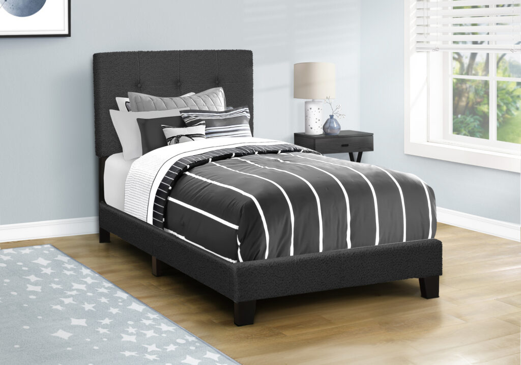 Bed, Twin Size, Upholstered, Bedroom, Frame Only, Youth, Teen, Juvenile, Black Boucle, Transitional