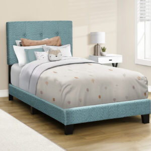 Bed, Twin Size, Upholstered, Bedroom, Frame Only, Youth, Teen, Juvenile, Light Blue Boucle, Transitional