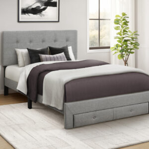 Grey linen full platform front storage drawer bed