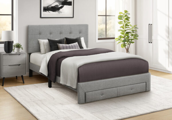 Grey linen full platform front storage drawer bed