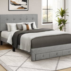 Grey linen queen platform front storage drawer bed