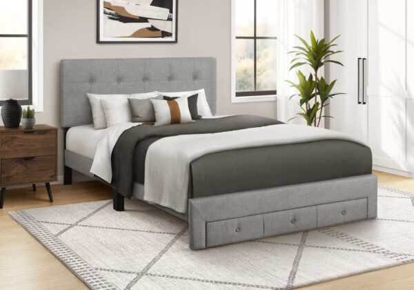 Grey linen queen platform front storage drawer bed