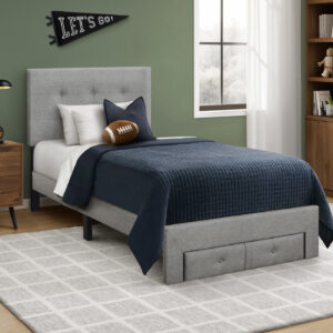 Grey linen twin platform front storage drawer bed