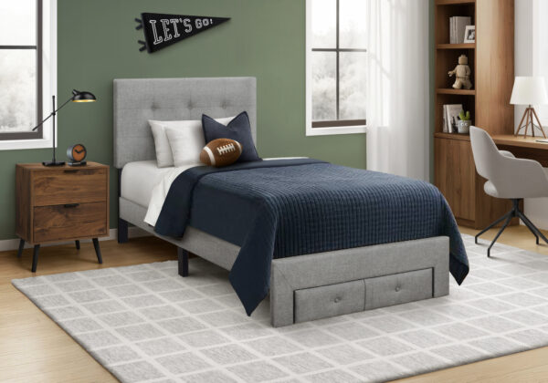 Grey linen twin platform front storage drawer bed