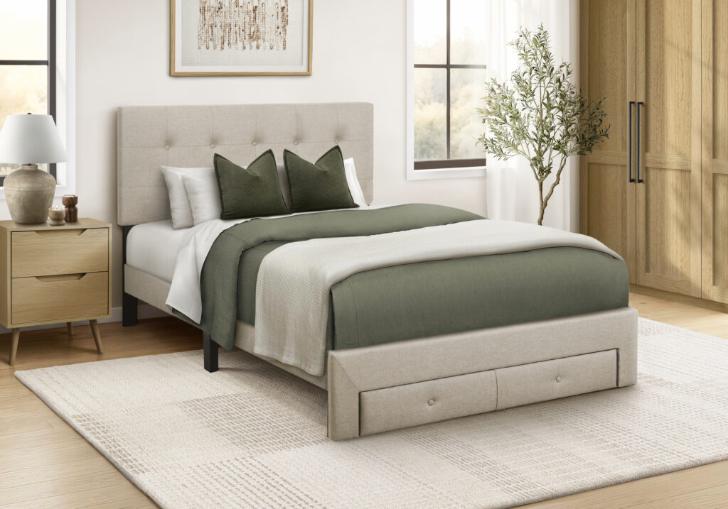 Beige linen full platform front storage drawer bed