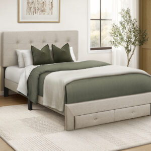 Beige linen full platform front storage drawer bed