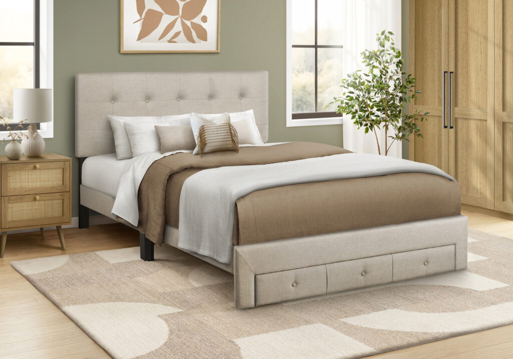 Beige linen queen platform front storage drawer bed