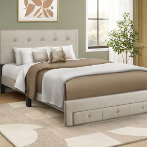 Beige linen queen platform front storage drawer bed