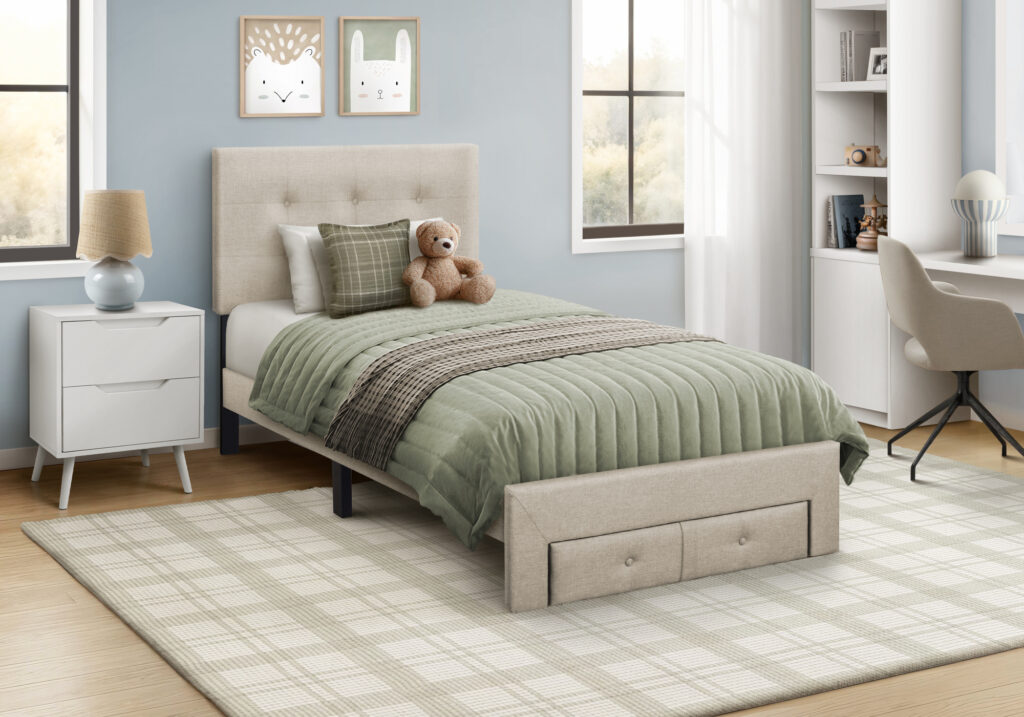 Beige linen twin platform front storage drawer bed
