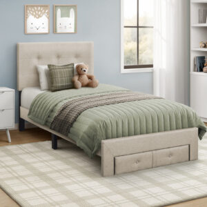 Beige linen twin platform front storage drawer bed