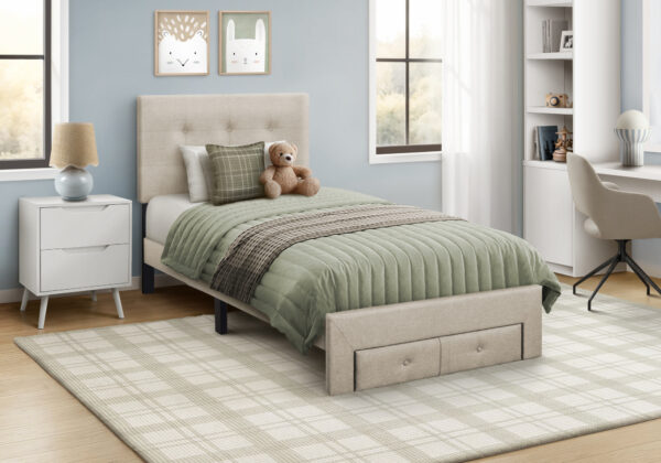 Beige linen twin platform front storage drawer bed