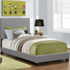 Bed, Twin Size, Bedroom, Upholstered, Grey Leather Look, Transitional